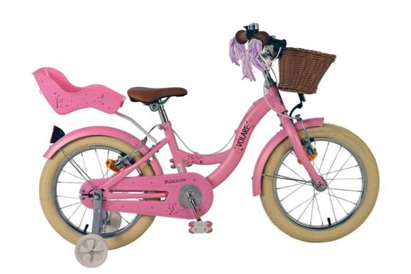 Rosa Kinderfahrrad mit Korb, Sattel und Stützrädern
