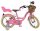 Rosa Kinderfahrrad mit Korb und Sitz für ein Kind hinten