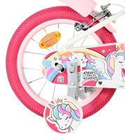 Rosa Fahrrad mit Einhorn-Motiv und bunten Reifen und Pedalen