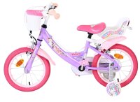 Lila Kinderfahrrad mit pinken Akzenten und Einhorn-Motiv