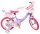 Lila Kinderfahrrad mit Einhorn-Motiv und pinken Reifen und Korb