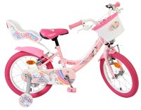Rosa Kinderfahrrad mit Einhorn-Motiv und Korb vorne