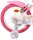 Rosa Kinderfahrrad mit Einhorn-Motiv und bunten Reifen