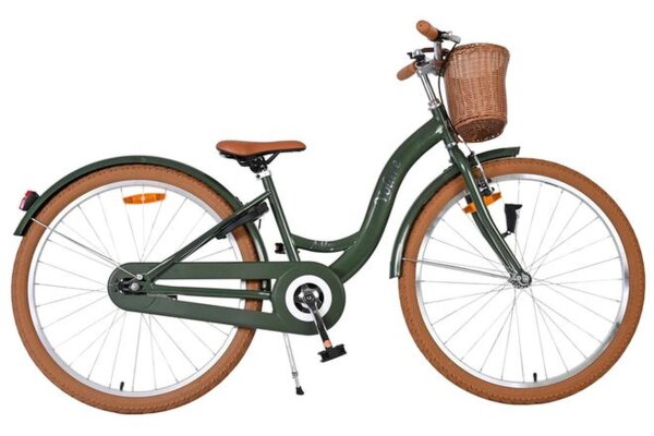 Damenfahrrad in Grün mit Korb und braunen Reifen