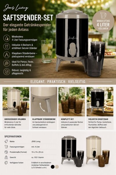 JENS Living Saftspender Set mit 4 Bechern & Ständer | 4L Getränkespender für Party, Garten & Buffet | Robuste Glaskaraffe / Wasserspender