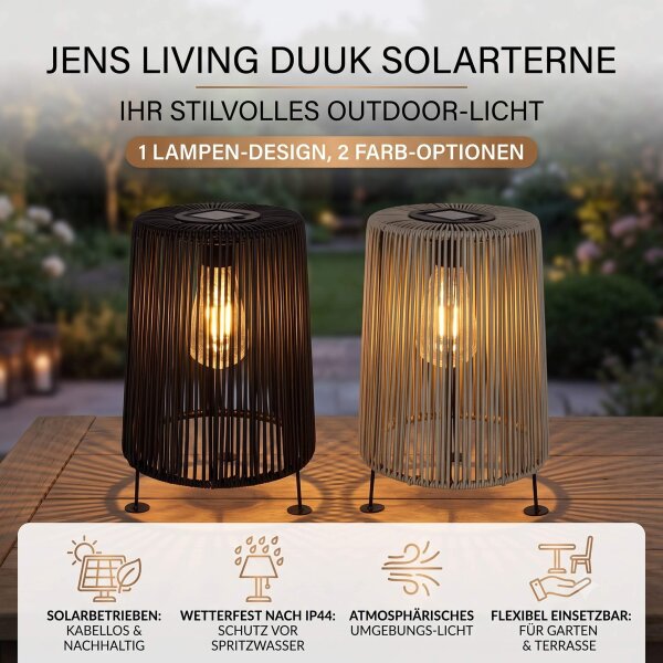 JENS Living LED Solarlaterne für Außen IP44 Spritzwassergeschützt | Solar Tischleuchte Outdoor für Garten Balkon Terrasse | Kabellose Deko Solarlampe Hängend