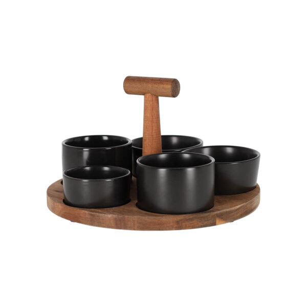 JENS Living Bits & Bites Bo Groß Schwarz – Rondell / Serviertablett aus Akazienholz mit 5 gestuften Keramikschalen für Snacks & Dips