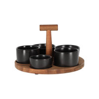 JENS Living Bits & Bites Bo Groß Schwarz – Rondell / Serviertablett aus Akazienholz mit 5 gestuften Keramikschalen für Snacks & Dips