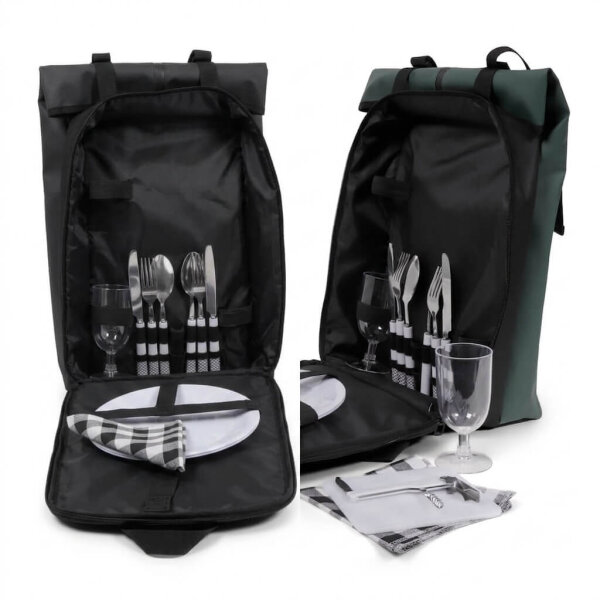 NORLÄNDER Picknickrucksack für 2 Personen – Komplettes Besteckset, Teller, Gläser, Schneidebrett & integriertes Kühlfach für Ausflüge & Outdoor