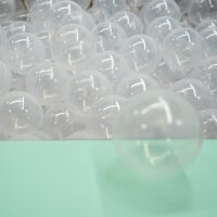 Transparente Kunststoffkugeln auf einer mintgrünen Oberfläche verteilt
