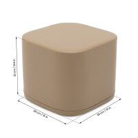 Beiger, quadratischer Hocker mit abgerundeten Kanten und Maßangaben
