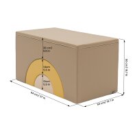 Beige Aufbewahrungstruhe mit abgerundeter Front und Innenmaßangaben
