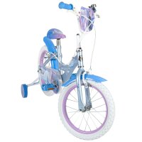 Blaues Kinderfahrrad mit weißen Reifen und buntem Design