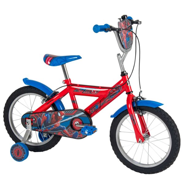 Rotes Kinderfahrrad mit Spiderman-Motiv und blauen Akzenten