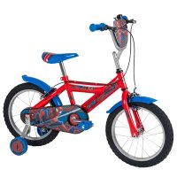 Rotes Kinderfahrrad mit Spiderman-Motiv und blauen Akzenten