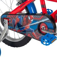 Buntes Kinderfahrrad mit Spiderman-Motiv und blauen Pedalen
