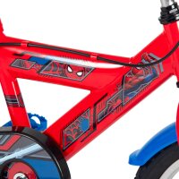 Rotes Kinderfahrrad mit Spider-Man-Motiv und stabilen Trainingstrollen