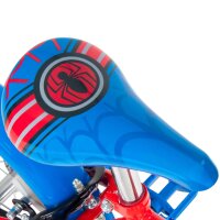 Blauer Fahrradsattel mit Spiderman-Motiv und rotem Logo