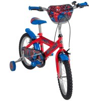 Rotes Kinderfahrrad mit Spiderman-Motiv und Stützrädern