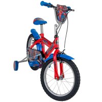 Rotes Kinderfahrrad mit blauen Akzenten und Spider-Man-Motiv