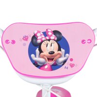 Rosa Kinderfahrrad mit Minnie Maus Motiv auf dem Sattel