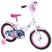 Kinderfahrrad in Weiß und Pink mit Minnie-Maus-Motiv und Stützrädern