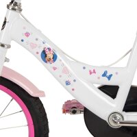 Weißes Kinderfahrrad mit bunten Aufklebern und pinken Details