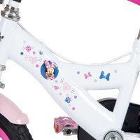 Weißes Kinderfahrrad mit pinken Akzenten und Minnie-Maus-Aufkleber
