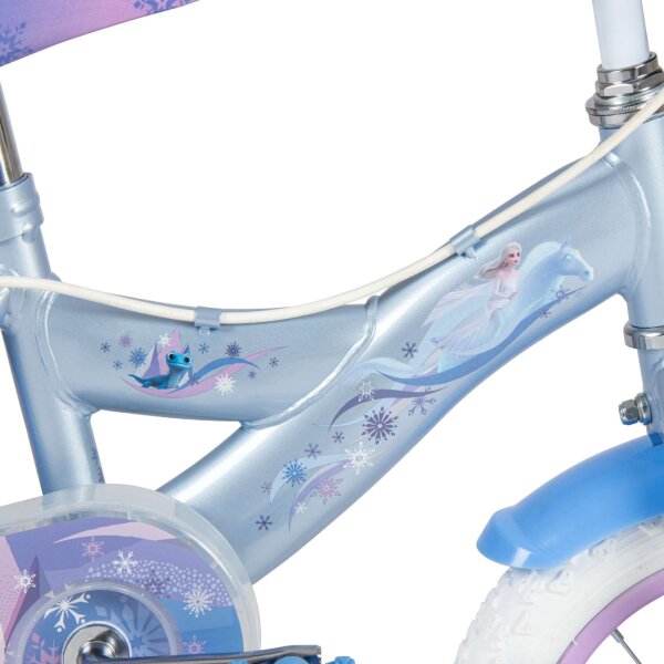 Blaue Kinderfahrradrahmen mit Disney-Motiv von Elsa und einem Einhorn
