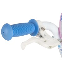 Blauer Gummigriff an einem weißen Fahrradlenker mit Bremshebel