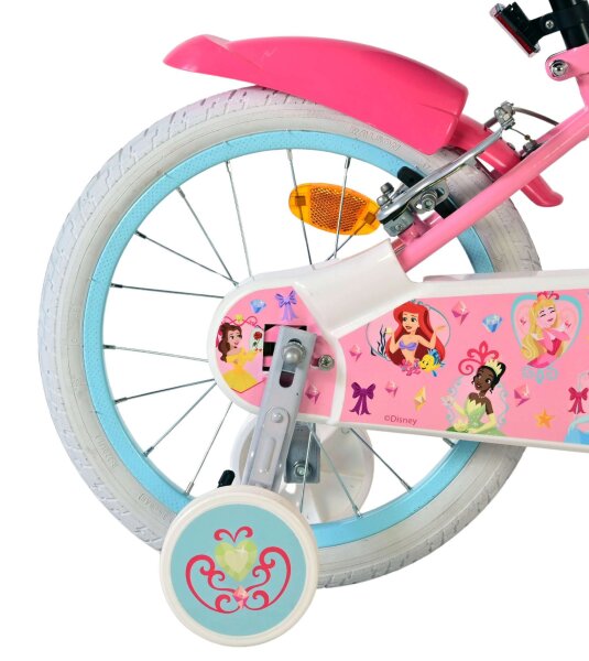 Rosa Kinderfahrrad mit bunten Disney-Prinzessinnen und weißen Reifen