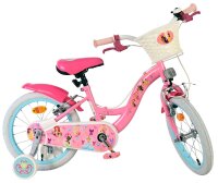 Rosa Kinderfahrrad mit bunten Aufklebern und Korb vorne