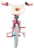 Rosa Kinderfahrrad mit Korb, Stützrädern und bunten Griffen