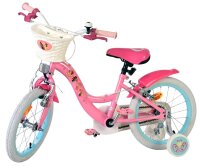 Rosa Kinderfahrrad mit Korb, weißen Reifen und bunten Aufklebern