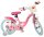 Rosa Kinderfahrrad mit bunten Aufklebern und Korb vorne