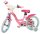 Rosa Kinderfahrrad mit Korb, weißen Reifen und bunten Aufklebern