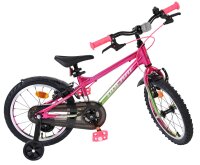 Rosa Kinderfahrrad mit Stützrädern und bunten Griffen