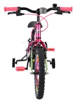 Pinkes Kinderfahrrad mit bunten Griffen und Stützrädern von vorne gesehen