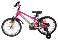 Rosa Kinderfahrrad mit Stützrädern und buntem Rahmen