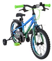 Kinderfahrrad in Blau und Grün mit Stützrädern und reflektierenden Elementen