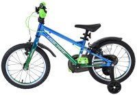 Kinderfahrrad in Blau und Grün mit Stützrädern und 16-Zoll-Rädern