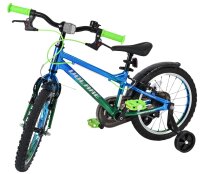 Kinderfahrrad in Blau und Grün mit Stützrädern und Gummireifen