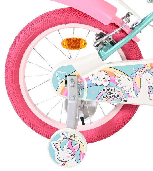 Buntes Kinderfahrrad mit Einhorn-Motiv und pinkem Reifen