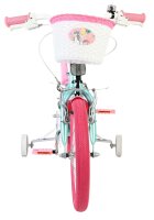 Kinderfahrrad mit pinkem Korb und bunten Reifen