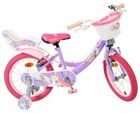 Kinderfahrrad in Lila mit Einhorn-Motiv und Korb vorne