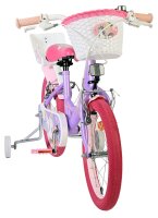 Lila Kinderfahrrad mit pinken Reifen und Korb vorne