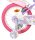 Buntes Kinderfahrrad mit Einhorn-Motiv und pinken Reifen