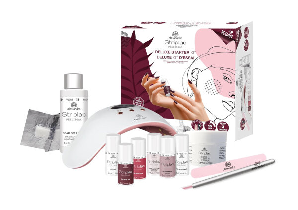 alessandro Striplac Peel or Soak Deluxe Starter Kit – UV-Nagellack-Set mit LED-Lampe, 4 Farben à 5 ml, Top Coat und Zubehör, vegan