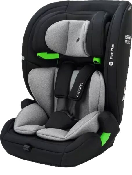 Vorderansicht des Osann Flux Plus i-Size Kindersitzes in Grey Melange mit geschlossenem 5-Punkt-Gurt – geeignet für Kinder ab 76 cm Körpergröße