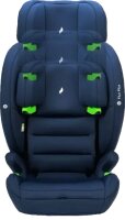 Osann Flux Plus i-Size Kindersitz in Navy Melange, Frontansicht, zeigt alle Kopfstützen-Stufen gleichzeitig, mitwachsender Kindersitz für Kinder von 76 bis 150 cm, ergonomisch geformt mit Seitenaufprallschutz, ohne Gurte für die nächste Größenstufe